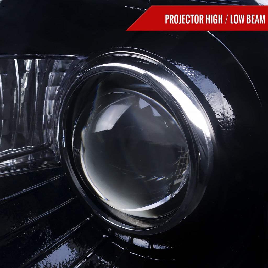 2005-2010 Chrysler 300 Base/LX/Touring Projector Headlights w/ LED Light Strip & LED Turn Signal Lights (Glossy Black Housing / Smoked Lens)