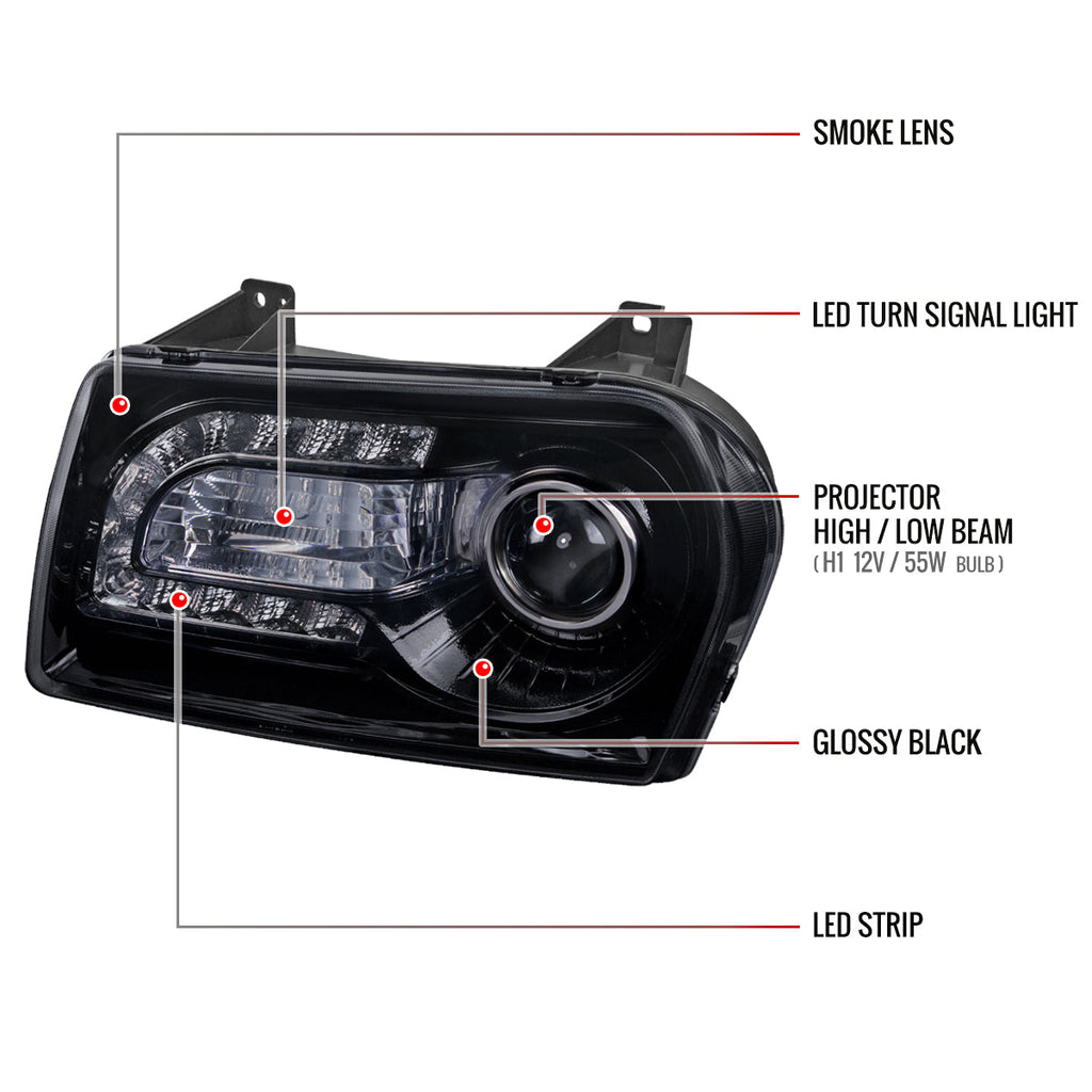 2005-2010 Chrysler 300 Base/LX/Touring Projector Headlights w/ LED Light Strip & LED Turn Signal Lights (Glossy Black Housing / Smoked Lens)