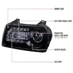 2005-2010 Chrysler 300 Base/LX/Touring Projector Headlights w/ LED Light Strip & LED Turn Signal Lights (Glossy Black Housing / Smoked Lens)