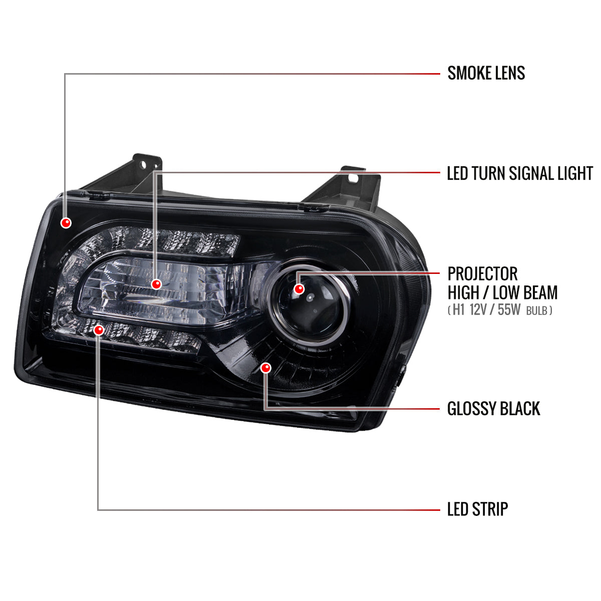 2005-2010 Chrysler 300 Base/LX/Touring Projector Headlights w/ LED Light Strip & LED Turn Signal Lights (Glossy Black Housing / Smoked Lens)