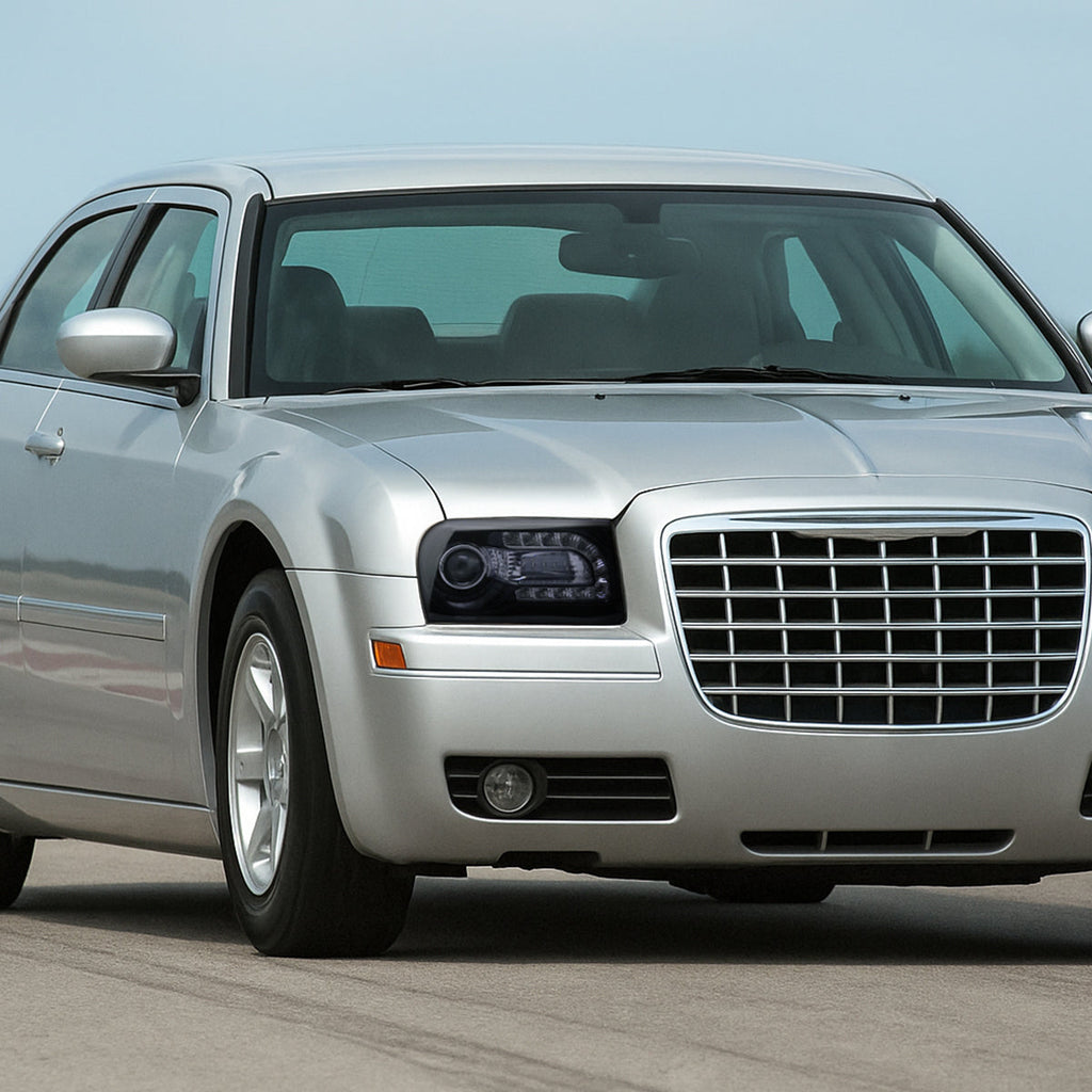 2005-2010 Chrysler 300 Base/LX/Touring Projector Headlights w/ LED Light Strip & LED Turn Signal Lights (Glossy Black Housing / Smoked Lens)