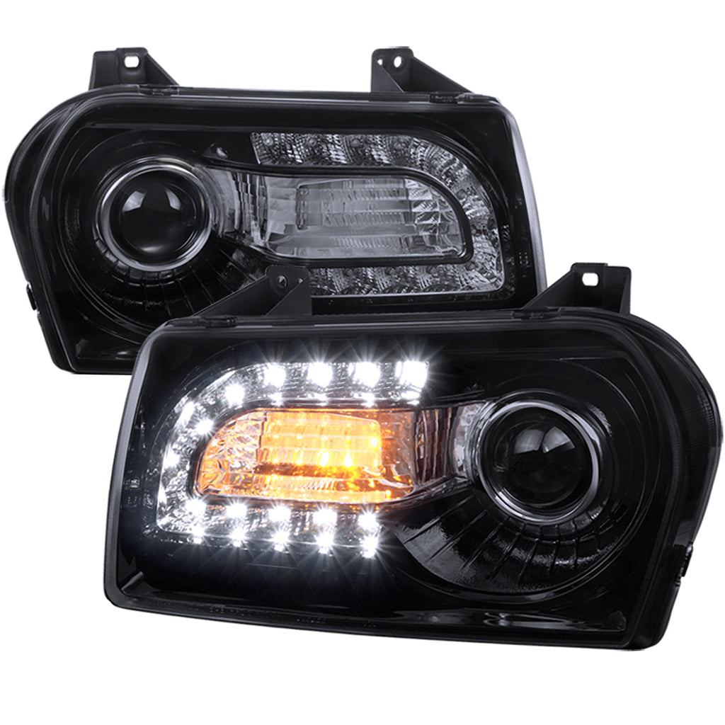 2005-2010 Chrysler 300 Base/LX/Touring Projector Headlights w/ LED Light Strip & LED Turn Signal Lights (Glossy Black Housing / Smoked Lens)