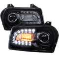 2005-2010 Chrysler 300 Base/LX/Touring Projector Headlights w/ LED Light Strip & LED Turn Signal Lights (Glossy Black Housing / Smoked Lens)