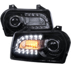 2005-2010 Chrysler 300 Base/LX/Touring Projector Headlights w/ LED Light Strip & LED Turn Signal Lights (Glossy Black Housing / Smoked Lens)