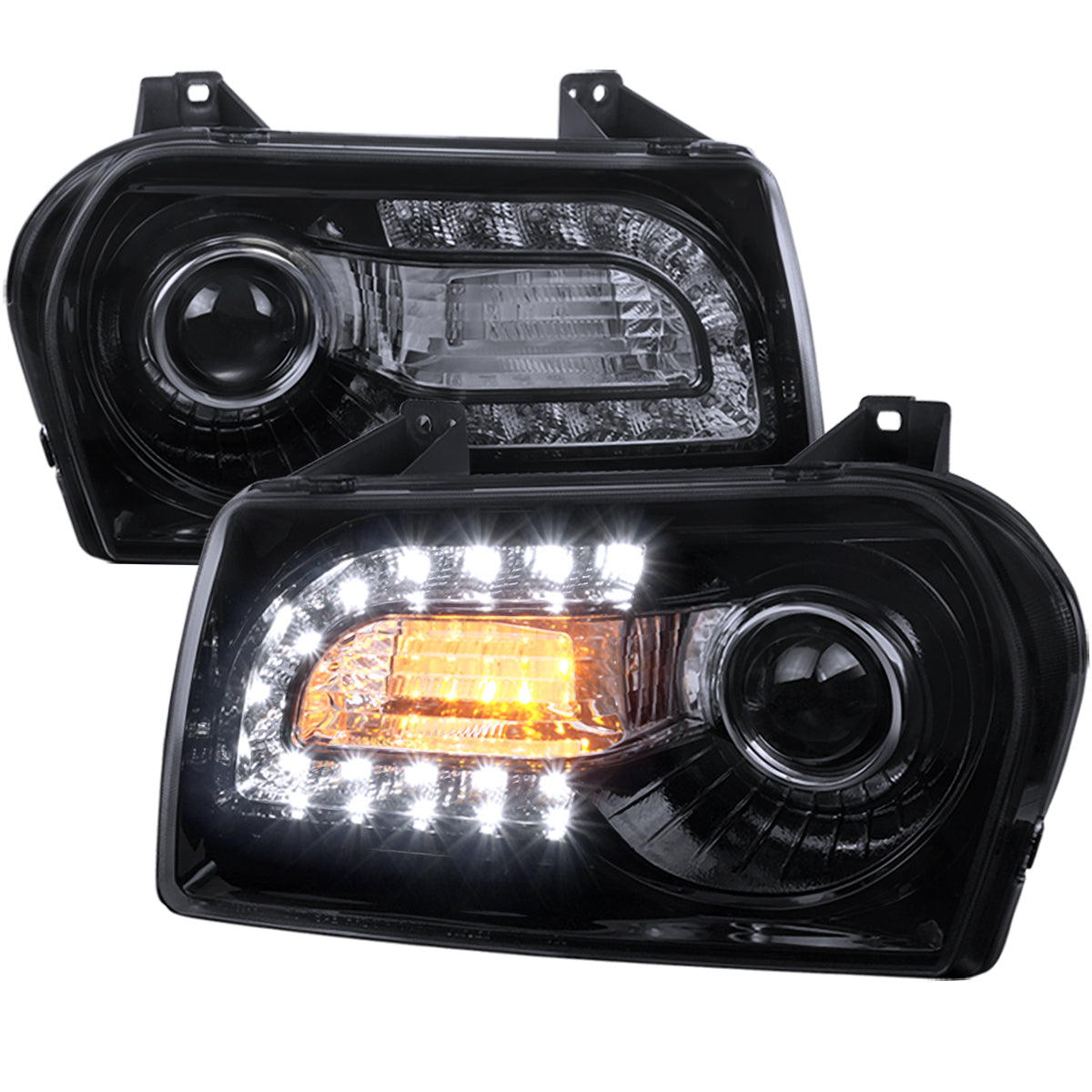 2005-2010 Chrysler 300 Base/LX/Touring Projector Headlights w/ LED Light Strip & LED Turn Signal Lights (Glossy Black Housing / Smoked Lens)
