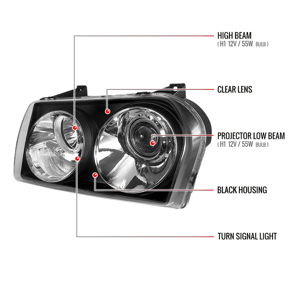 2005-2010 Chrysler 300 Base/LX/Touring Projector Headlights (Matte Black Housing / Clear Lens)