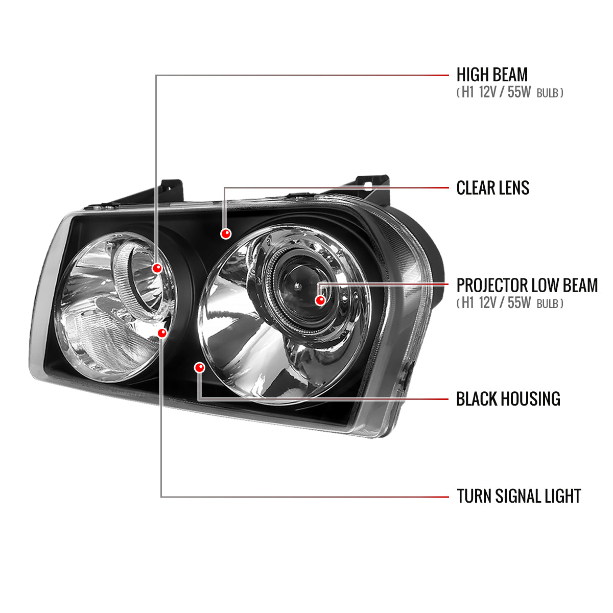 2005-2010 Chrysler 300 Base/LX/Touring Projector Headlights (Matte Black Housing / Clear Lens)