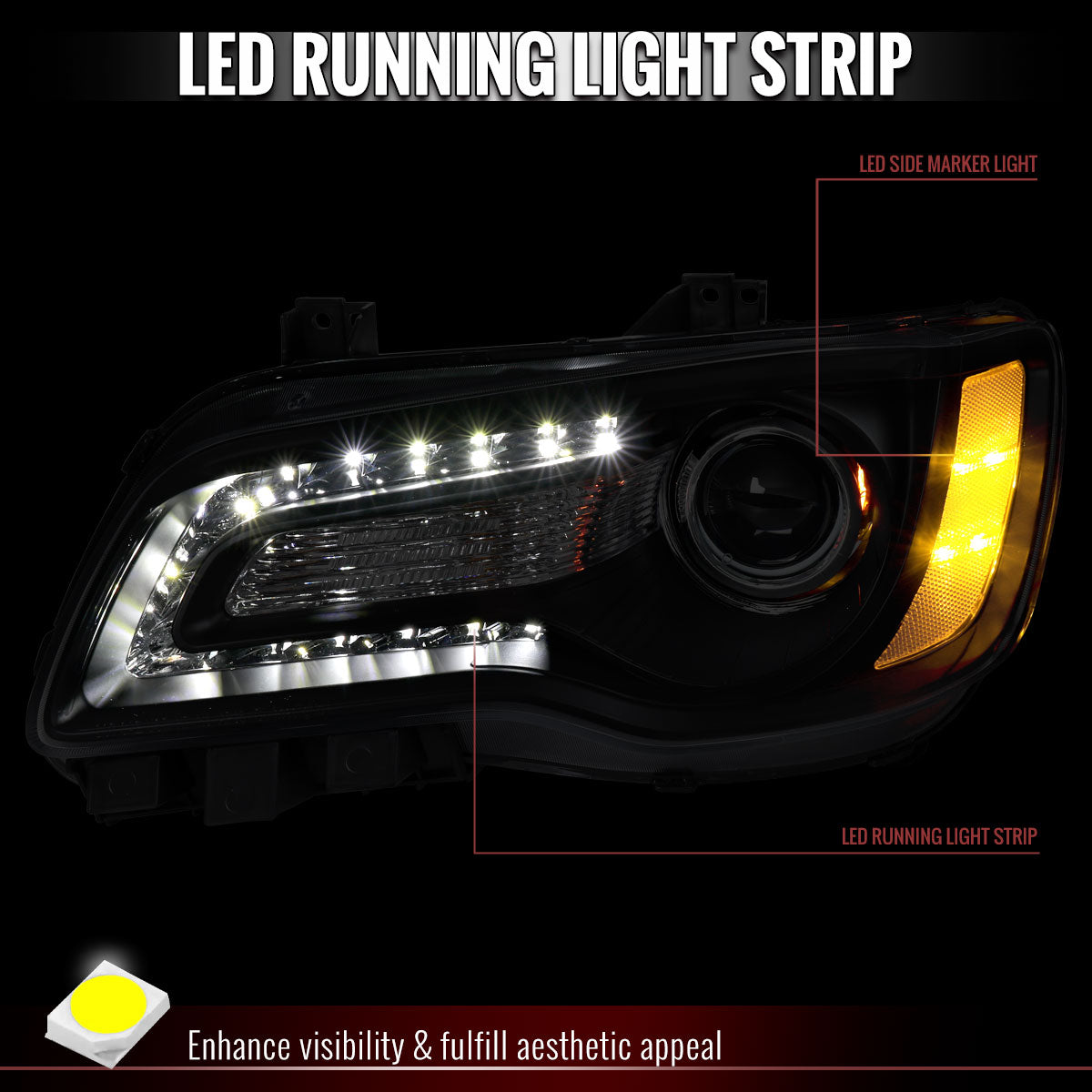 2011-2014 Chrysler 300 Projector Headlights LED DRL w/ White Turn Signal (Matte Black Housing / Clear Lens)