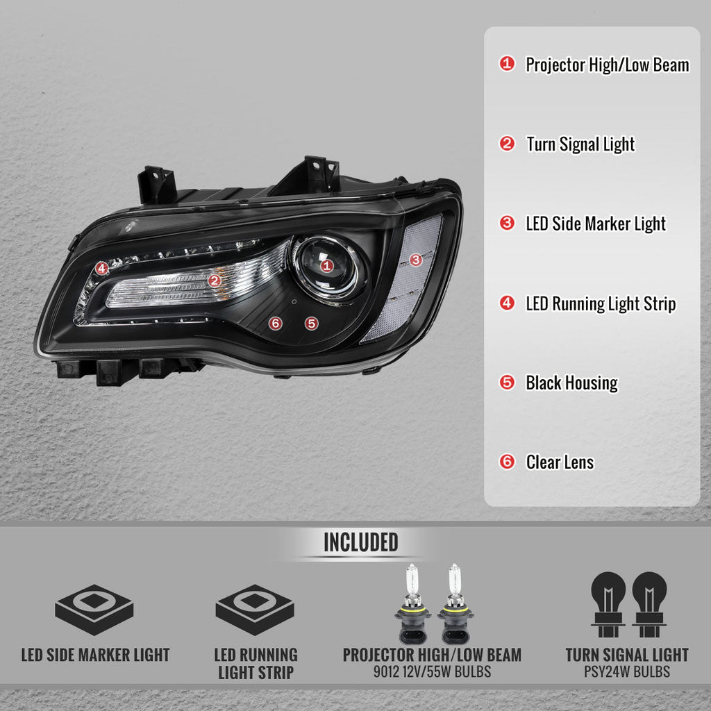 2011-2014 Chrysler 300 Projector Headlights LED DRL w/ White Turn Signal (Matte Black Housing / Clear Lens)
