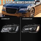 2011-2014 Chrysler 300 Projector Headlights LED DRL w/ White Turn Signal (Matte Black Housing / Clear Lens)