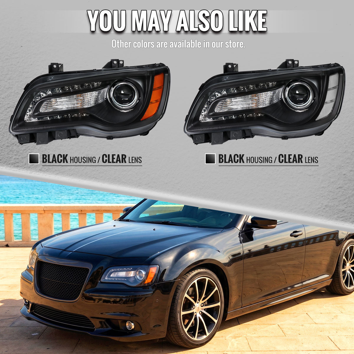 2011-2014 Chrysler 300 Projector Headlights LED DRL w/ White Turn Signal (Matte Black Housing / Clear Lens)