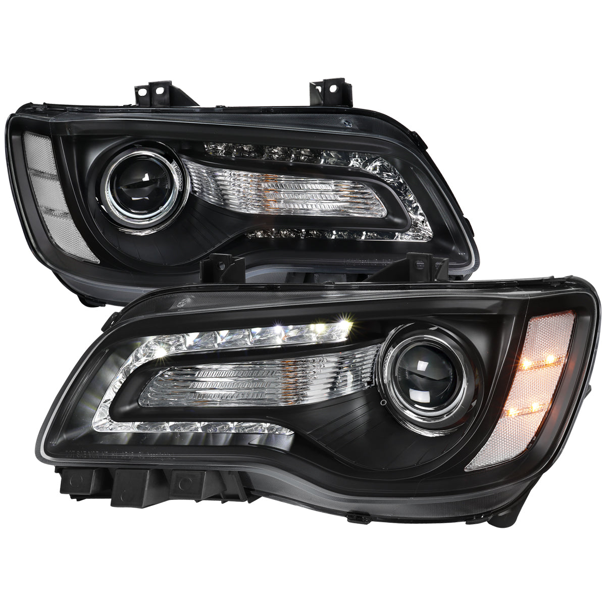 2011-2014 Chrysler 300 Projector Headlights LED DRL w/ White Turn Signal (Matte Black Housing / Clear Lens)