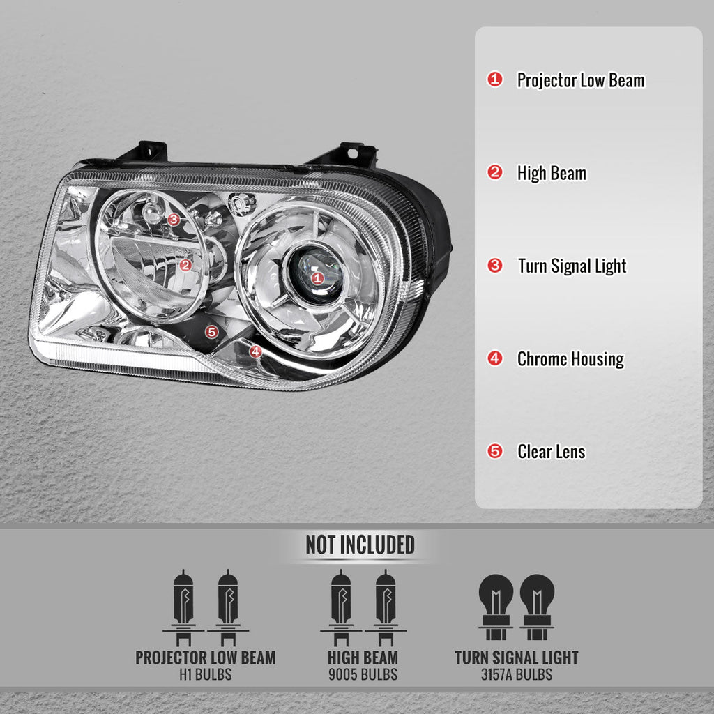 2005-2010 Chrysler 300 Factory Style Projector Headlights (Chrome Housing / Clear Lens)