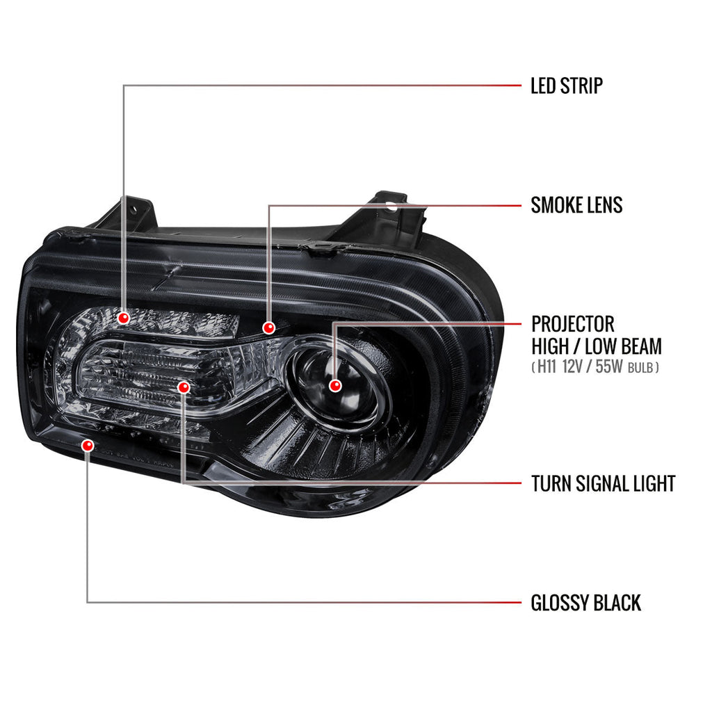 2005-2010 Chrysler 300 Projector Headlights w/ LED Light Strip (Glossy Black Housing / Smoked Lens)