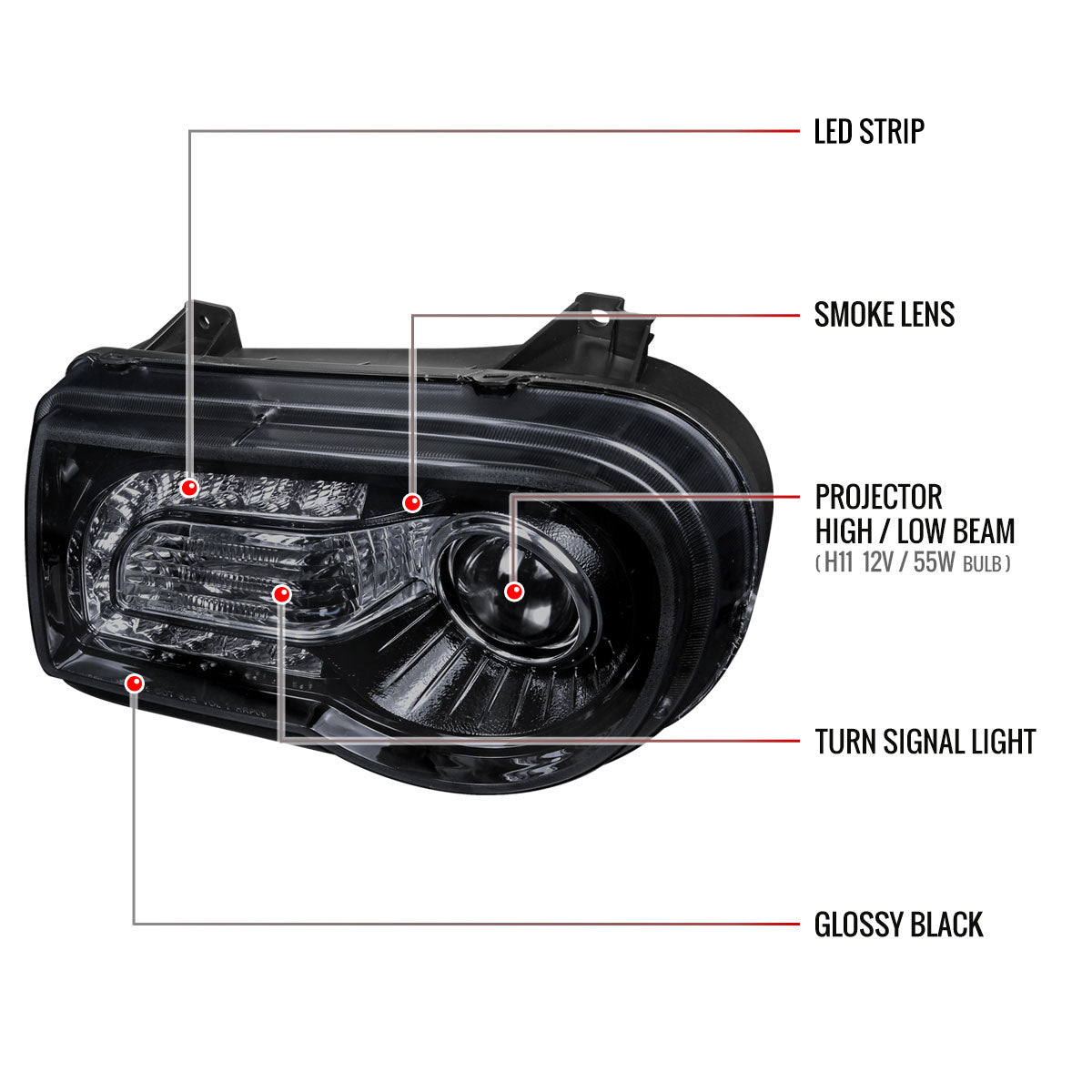 2005-2010 Chrysler 300 Projector Headlights w/ LED Light Strip (Glossy Black Housing / Smoked Lens)