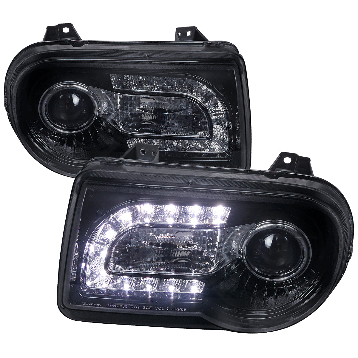 2005-2010 Chrysler 300 Projector Headlights w/ LED Light Strip (Glossy Black Housing / Smoked Lens)
