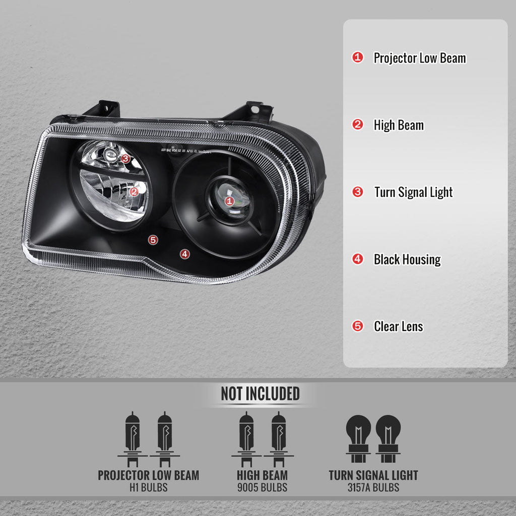 2005-2010 Chrysler 300 Factory Style Projector Headlights (Matte Black Housing / Clear Lens)