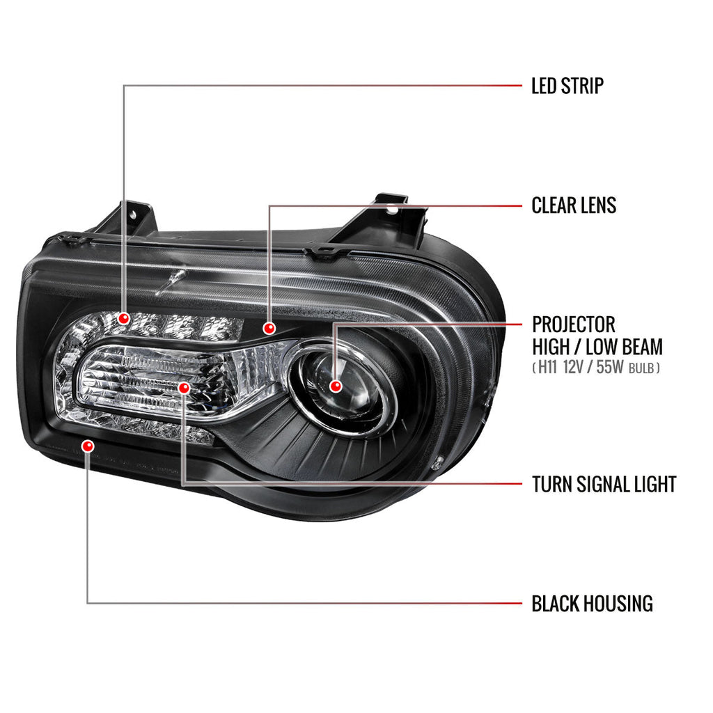 2005-2010 Chrysler 300 Projector Headlights w/ LED Light Strip (Matte Black Housing / Clear Lens)