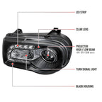 2005-2010 Chrysler 300 Projector Headlights w/ LED Light Strip (Matte Black Housing / Clear Lens)