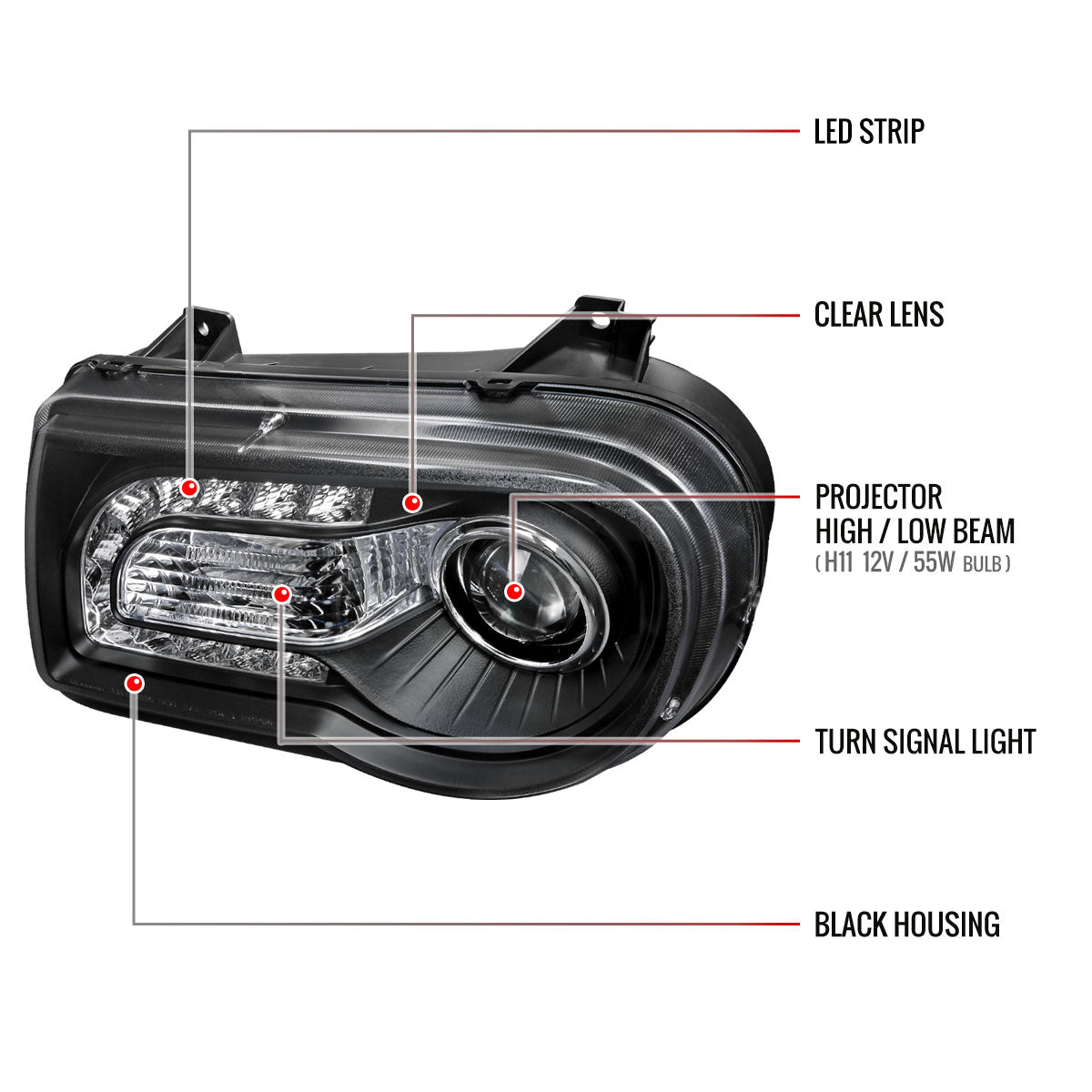2005-2010 Chrysler 300 Projector Headlights w/ LED Light Strip (Matte Black Housing / Clear Lens)