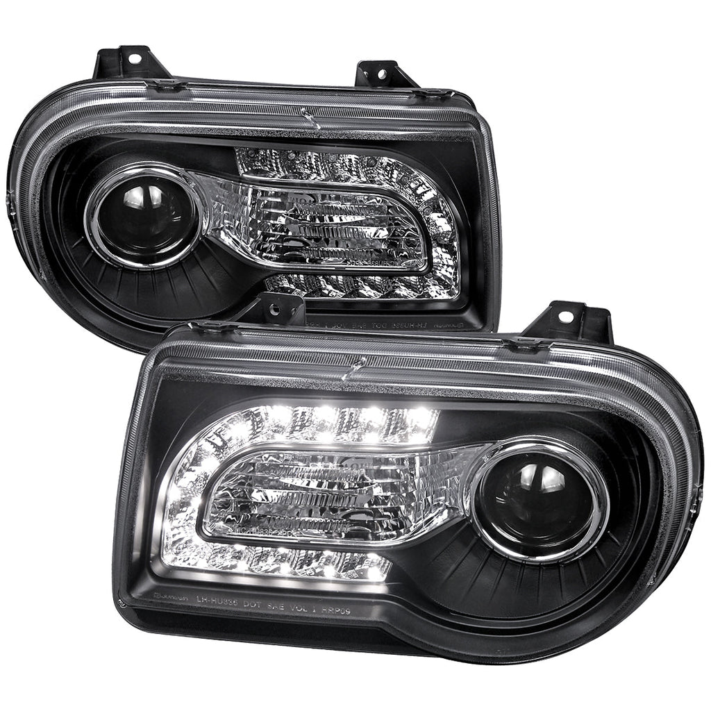 2005-2010 Chrysler 300 Projector Headlights w/ LED Light Strip (Matte Black Housing / Clear Lens)