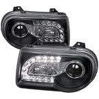 2005-2010 Chrysler 300 Projector Headlights w/ LED Light Strip (Matte Black Housing / Clear Lens)