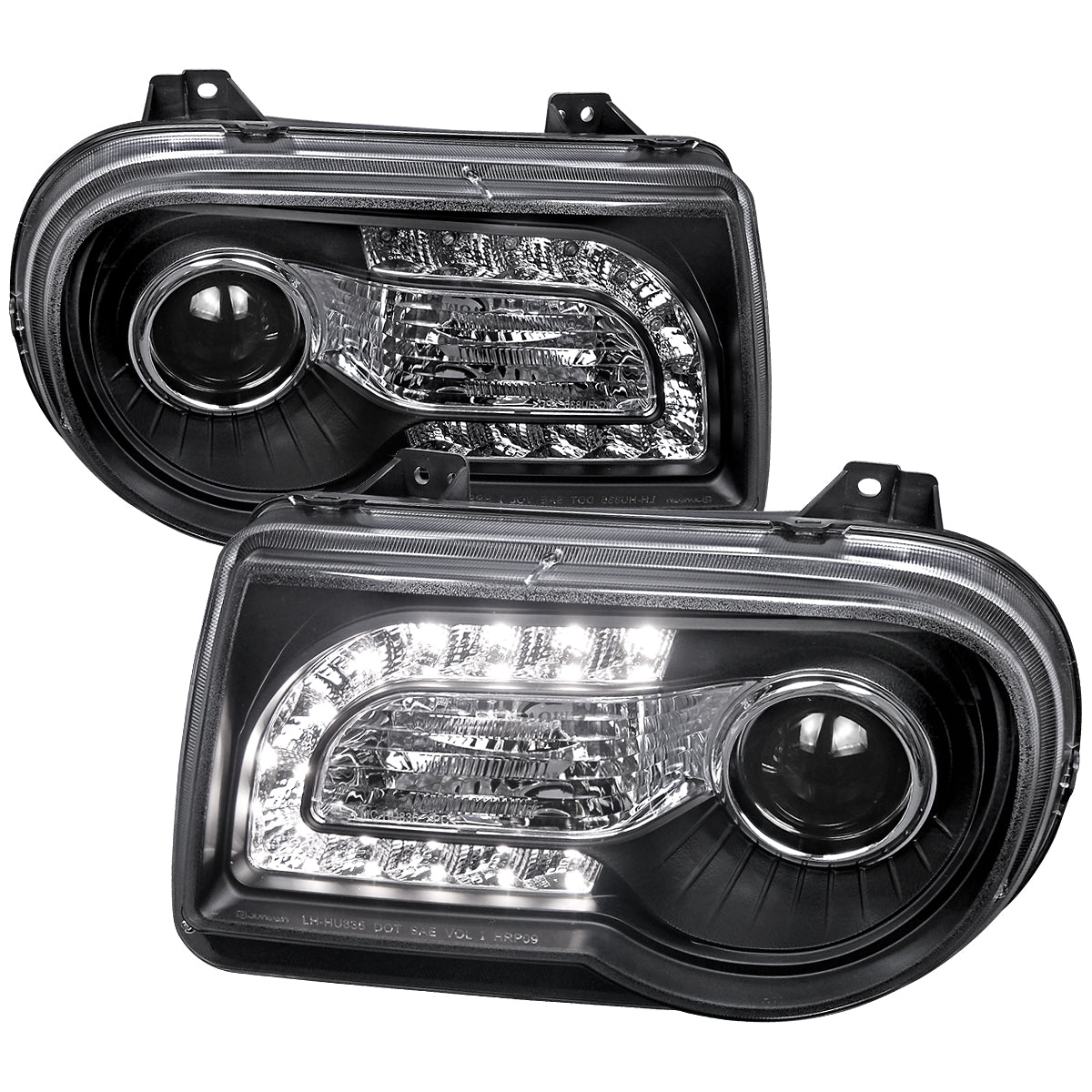 2005-2010 Chrysler 300 Projector Headlights w/ LED Light Strip (Matte Black Housing / Clear Lens)