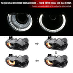 2008-2014 Dodge Challenger Dual LED Halo D2H Xenon Projector Headlights w/ Sequential Turn Signals (Black Housing / Clear Lens)