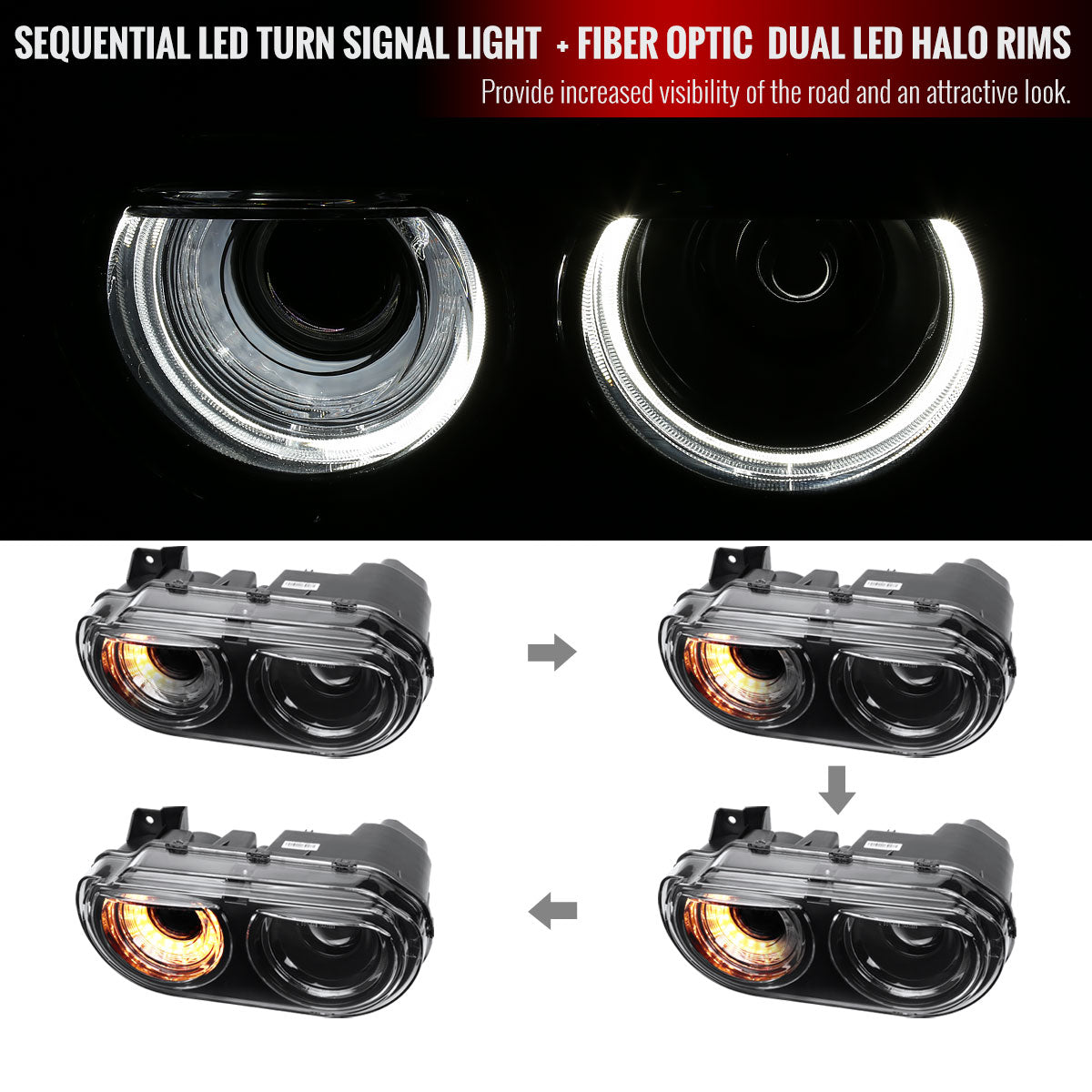 2008-2014 Dodge Challenger Dual LED Halo D2H Xenon Projector Headlights w/ Sequential Turn Signals (Black Housing / Clear Lens)