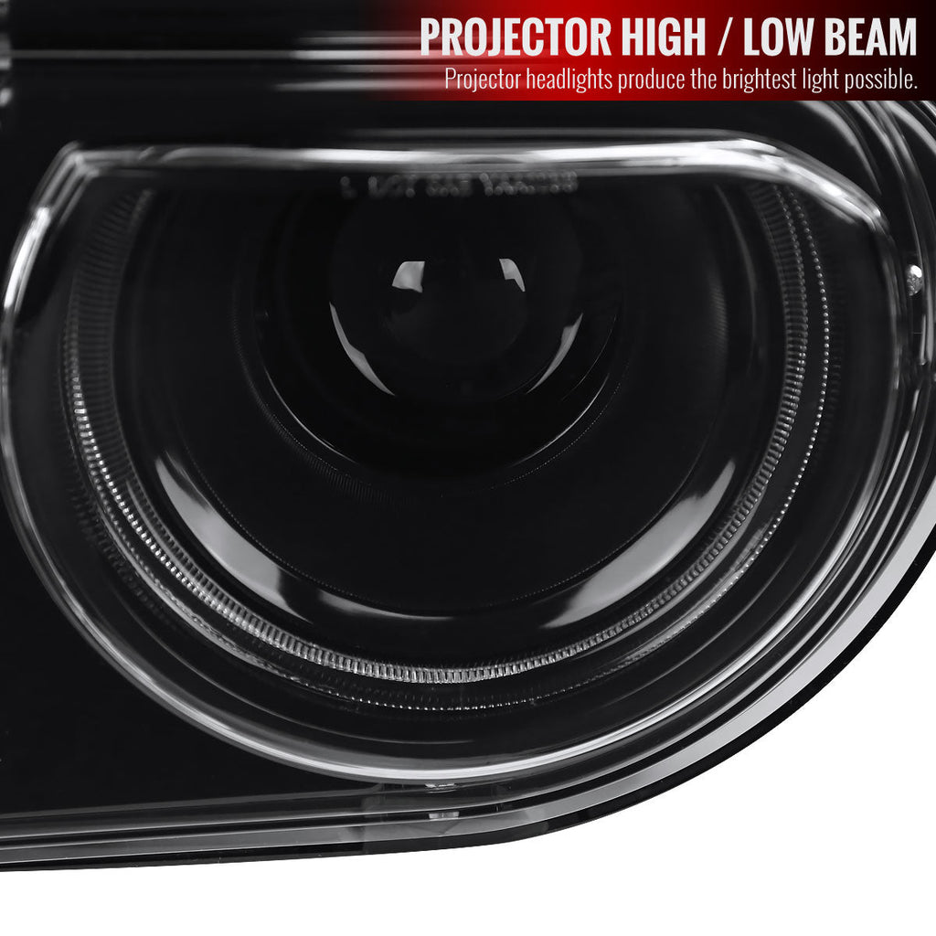 2008-2014 Dodge Challenger Dual LED Halo D2H Xenon Projector Headlights w/ Sequential Turn Signals (Black Housing / Clear Lens)