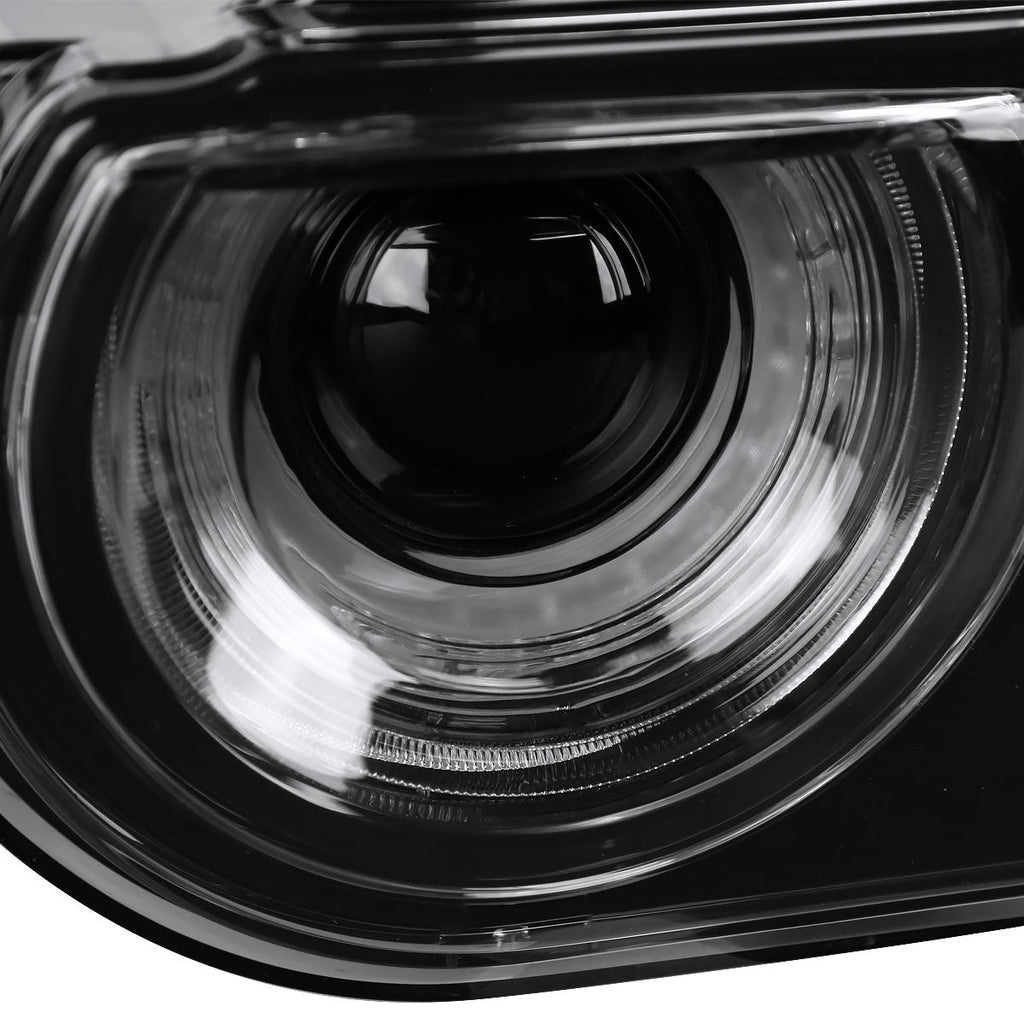 2008-2014 Dodge Challenger Dual LED Halo D2H Xenon Projector Headlights w/ Sequential Turn Signals (Black Housing / Clear Lens)
