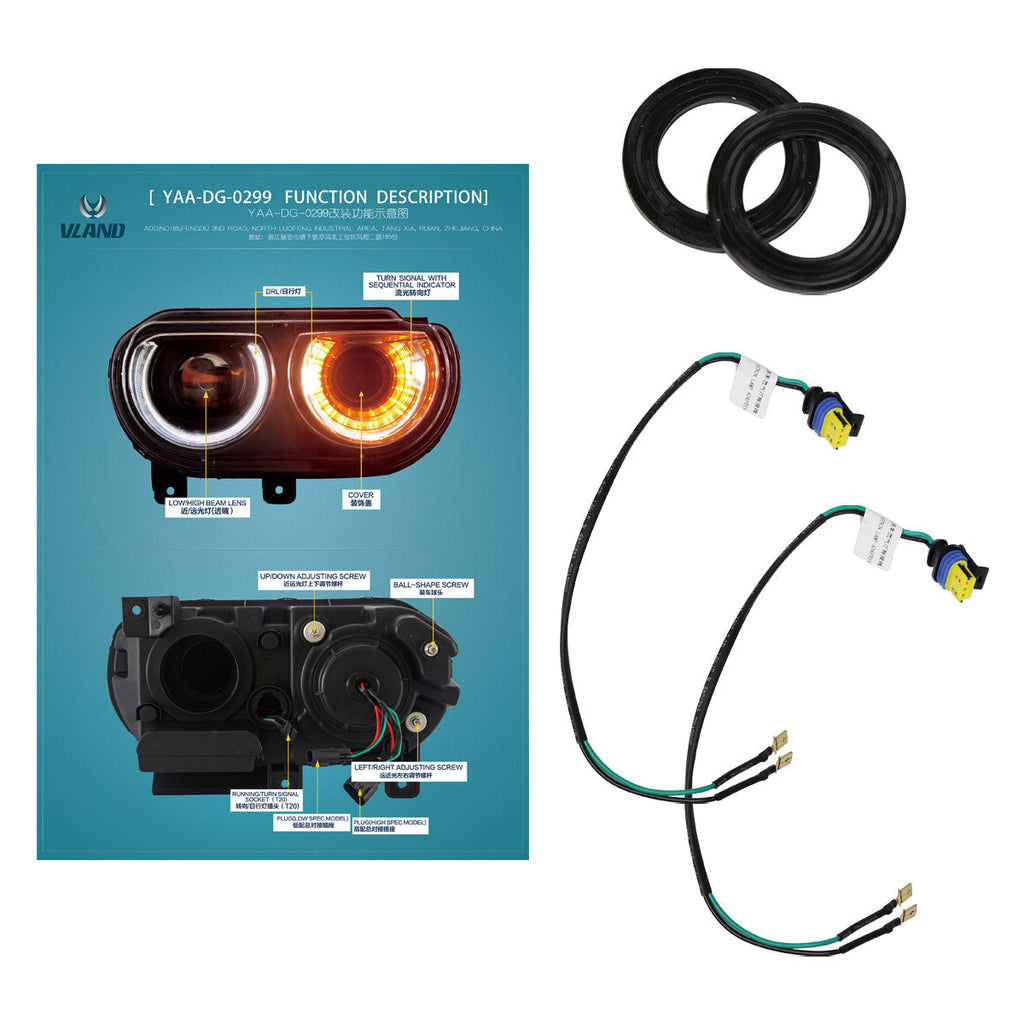 2008-2014 Dodge Challenger Dual LED Halo D2H Xenon Projector Headlights w/ Sequential Turn Signals (Black Housing / Clear Lens)