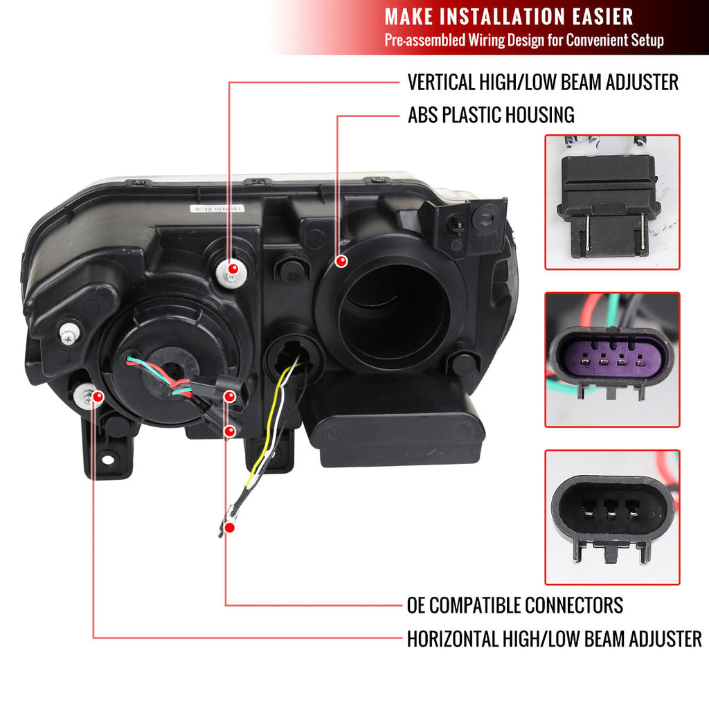 2008-2014 Dodge Challenger Dual LED Halo D2H Xenon Projector Headlights w/ Sequential Turn Signals (Black Housing / Clear Lens)