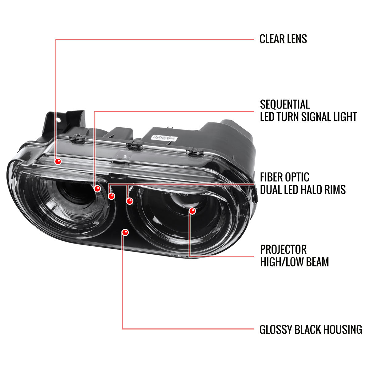 2008-2014 Dodge Challenger Dual LED Halo D2H Xenon Projector Headlights w/ Sequential Turn Signals (Black Housing / Clear Lens)
