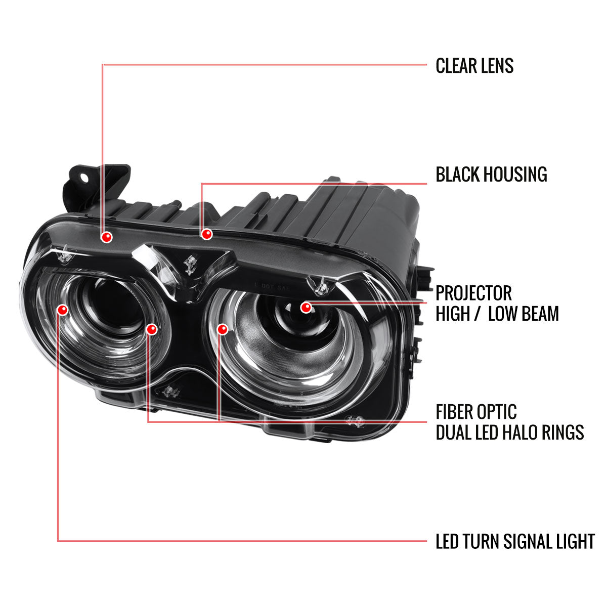 2015-2020 Dodge Challenger Dual Halo D2H Xenon Projector Headlights (Black Housing / Clear Lens)