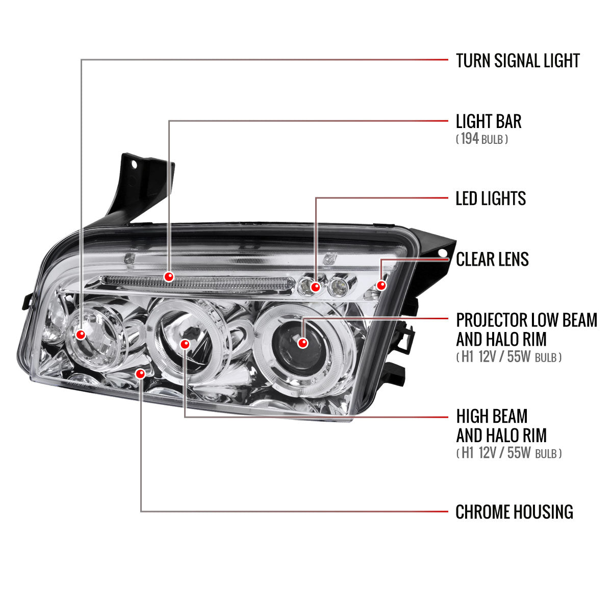 2005-2010 Dodge Charger LX Dual Halo Projector Headlights (Chrome Housing / Clear Lens)