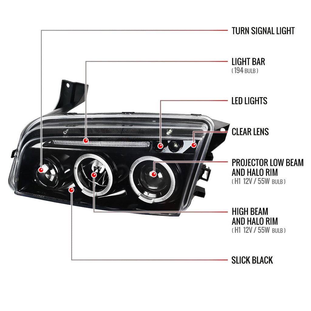 2005-2010 Dodge Charger LX Dual Halo Projector Headlights (Jet Black Housing / Clear Lens)