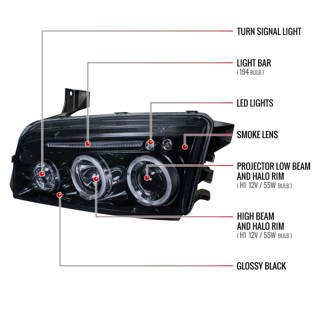 2005-2010 Dodge Charger LX Dual Halo Projector Headlights (Glossy Black Housing / Smoked Lens)