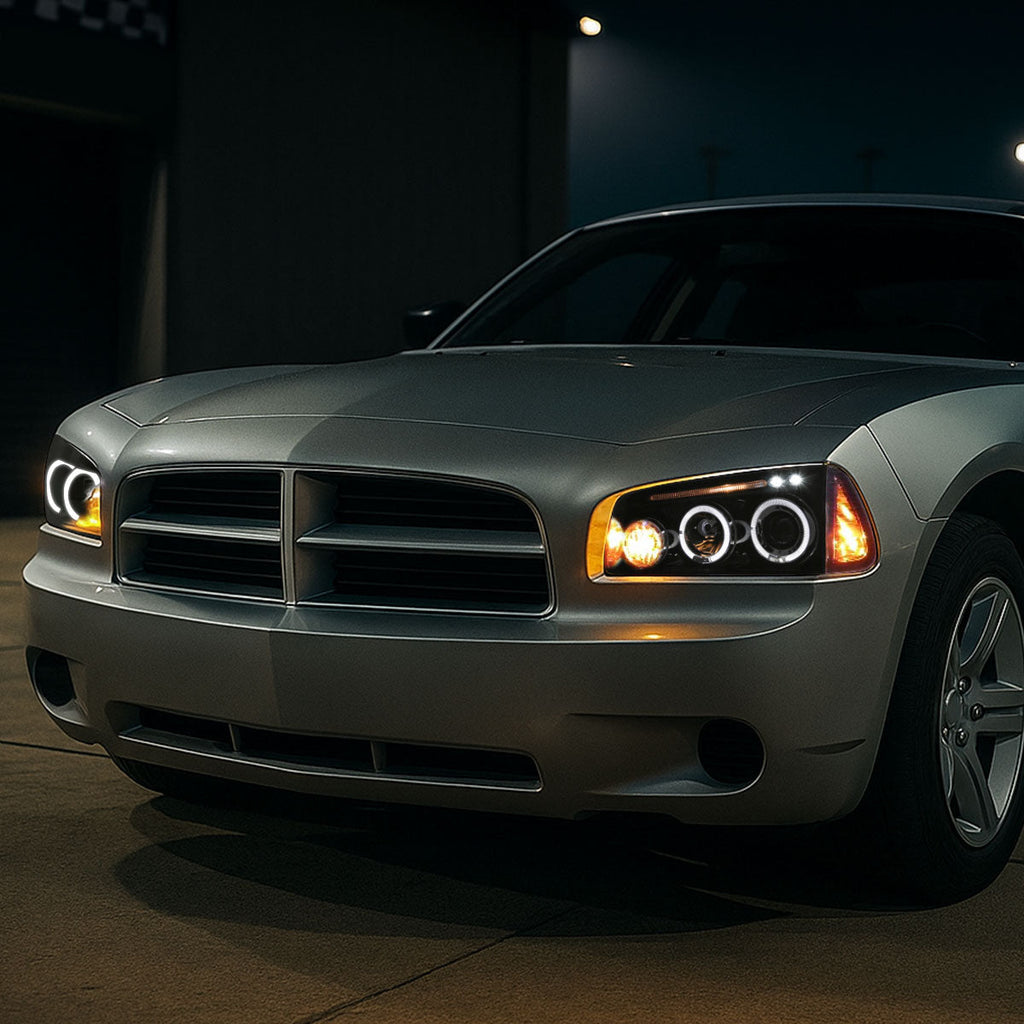 2005-2010 Dodge Charger LX Dual Halo Projector Headlights (Glossy Black Housing / Smoked Lens)