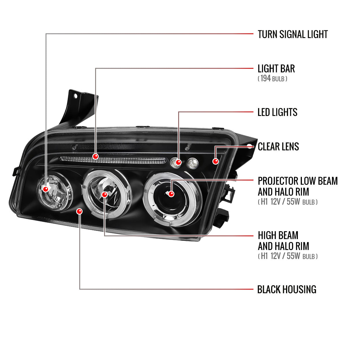 2005-2010 Dodge Charger LX Dual Halo Projector Headlights (Matte Black Housing / Clear Lens)
