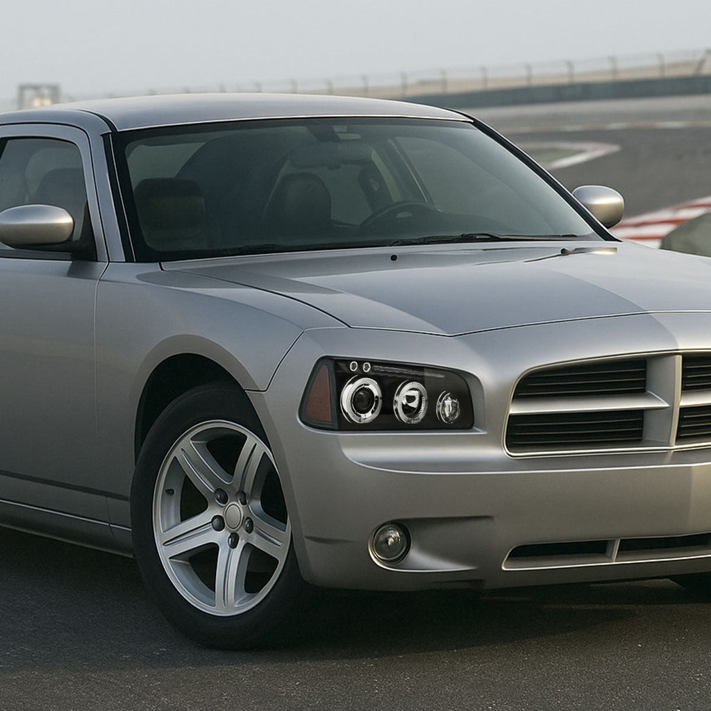 2005-2010 Dodge Charger LX Dual Halo Projector Headlights (Matte Black Housing / Clear Lens)