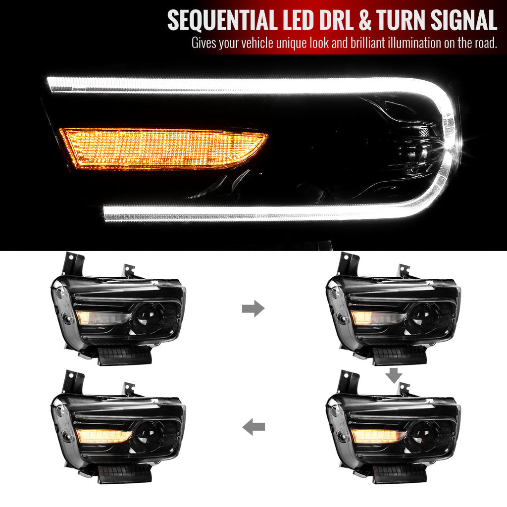 2011-2014 Dodge Charger LD D2H Xenon Projector Headlights w/ LED C Strip & Sequential LED Turn Signal Lights (Black Housing / Clear Lens)