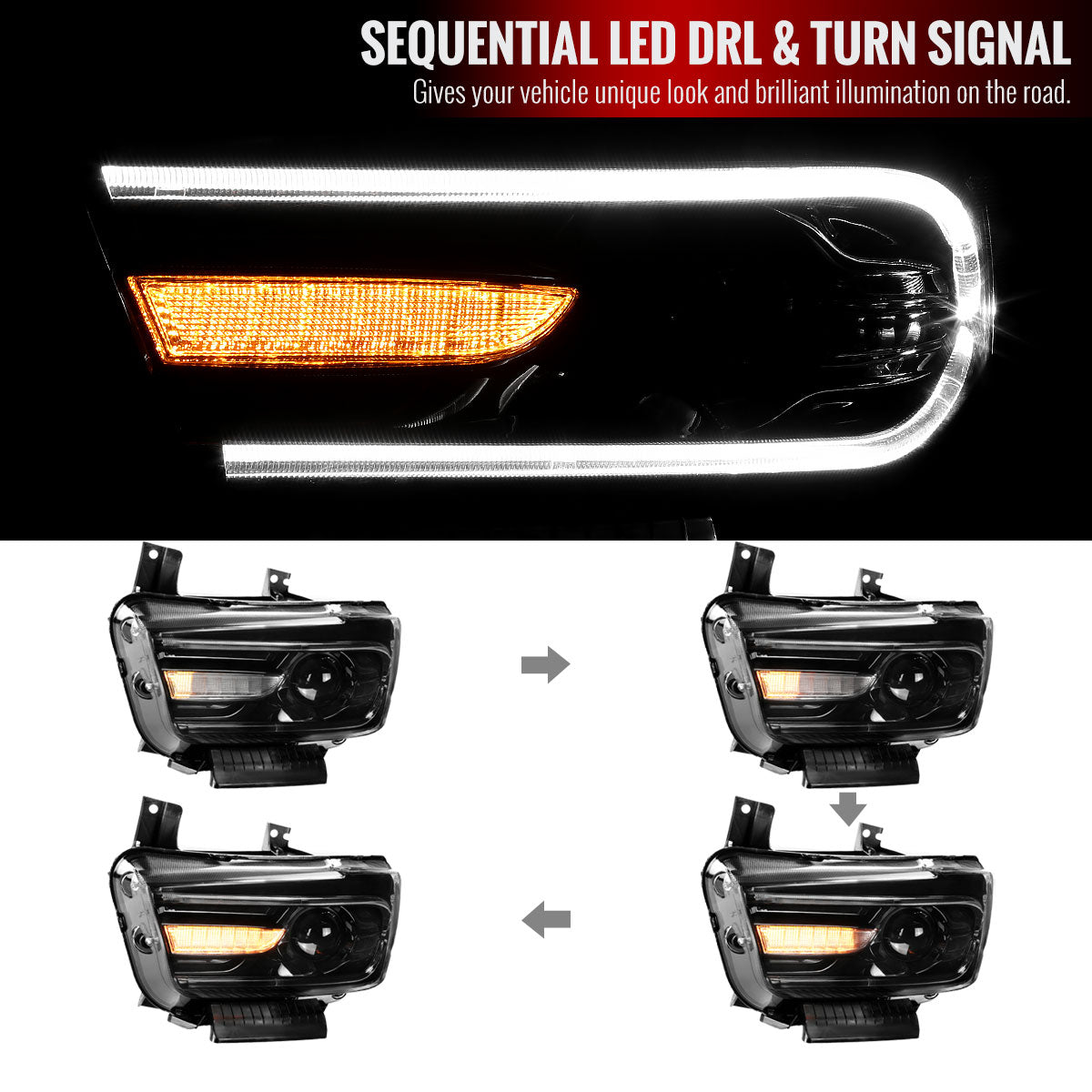 2011-2014 Dodge Charger LD D2H Xenon Projector Headlights w/ LED C Strip & Sequential LED Turn Signal Lights (Black Housing / Clear Lens)