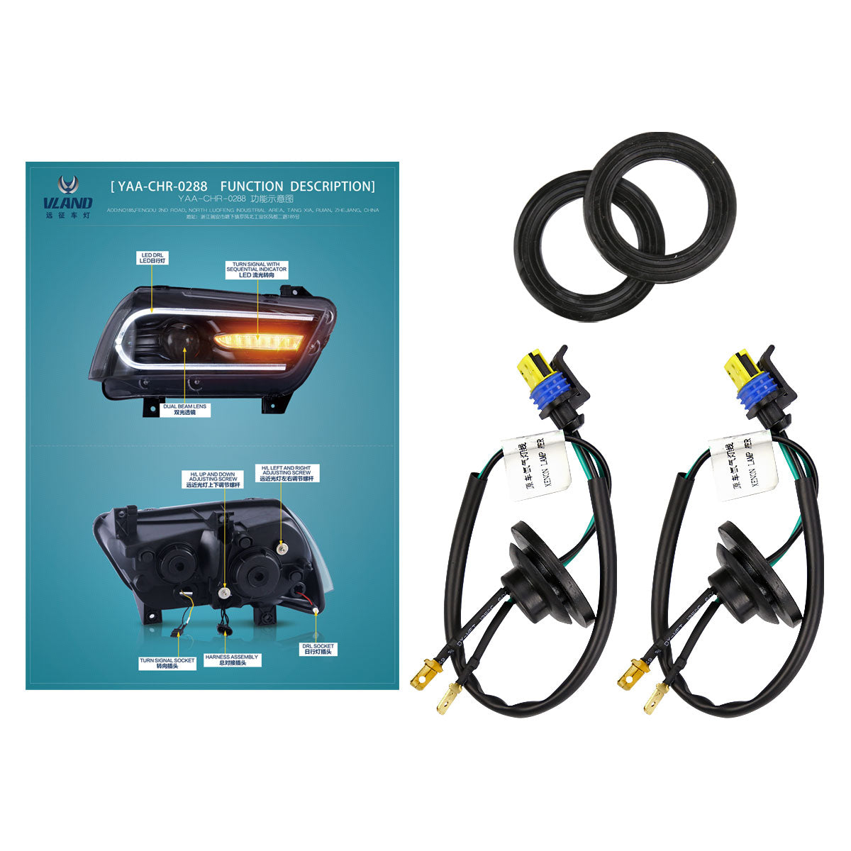 2011-2014 Dodge Charger LD D2H Xenon Projector Headlights w/ LED C Strip & Sequential LED Turn Signal Lights (Black Housing / Clear Lens)
