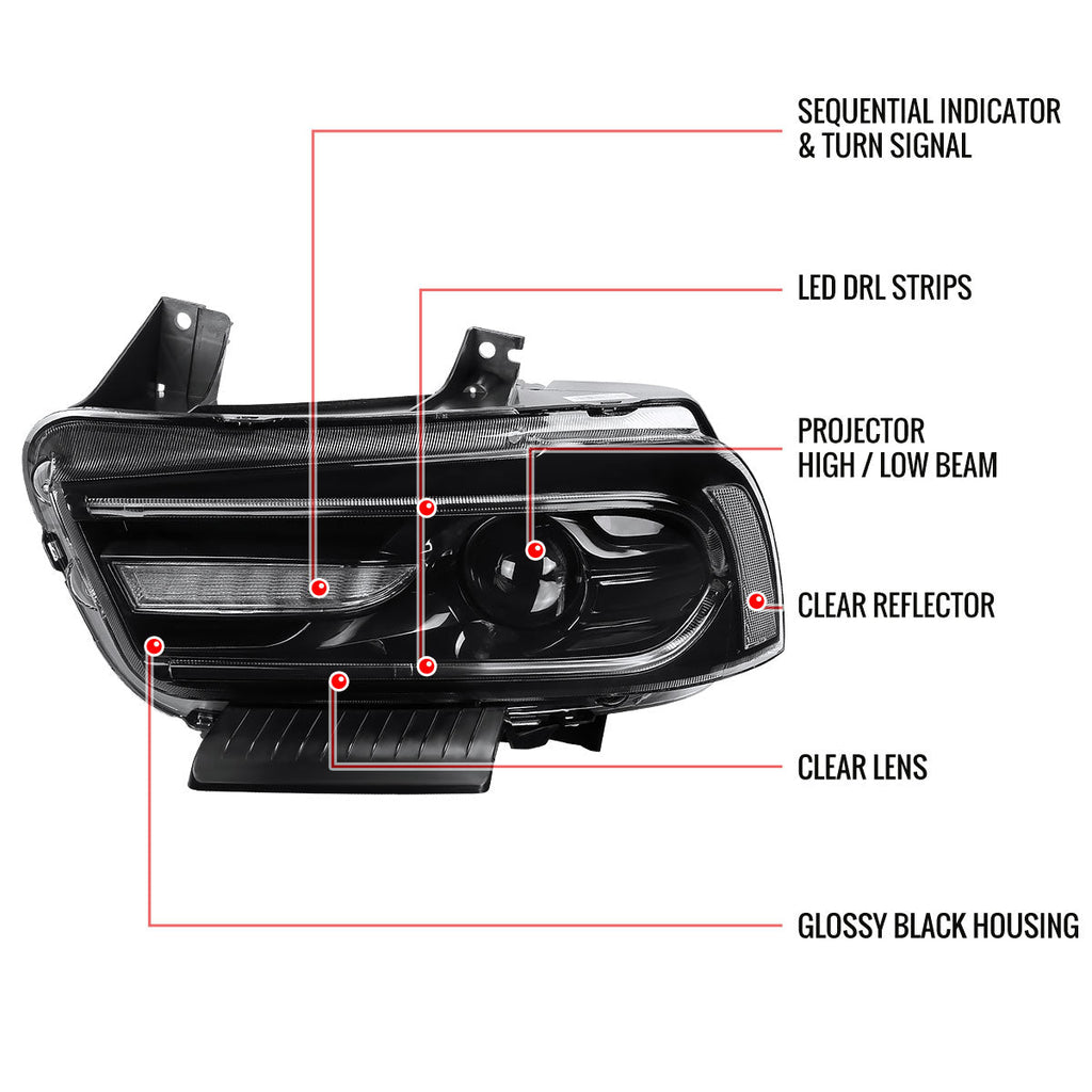 2011-2014 Dodge Charger LD D2H Xenon Projector Headlights w/ LED C Strip & Sequential LED Turn Signal Lights (Black Housing / Clear Lens)