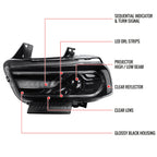 2011-2014 Dodge Charger LD D2H Xenon Projector Headlights w/ LED C Strip & Sequential LED Turn Signal Lights (Black Housing / Clear Lens)