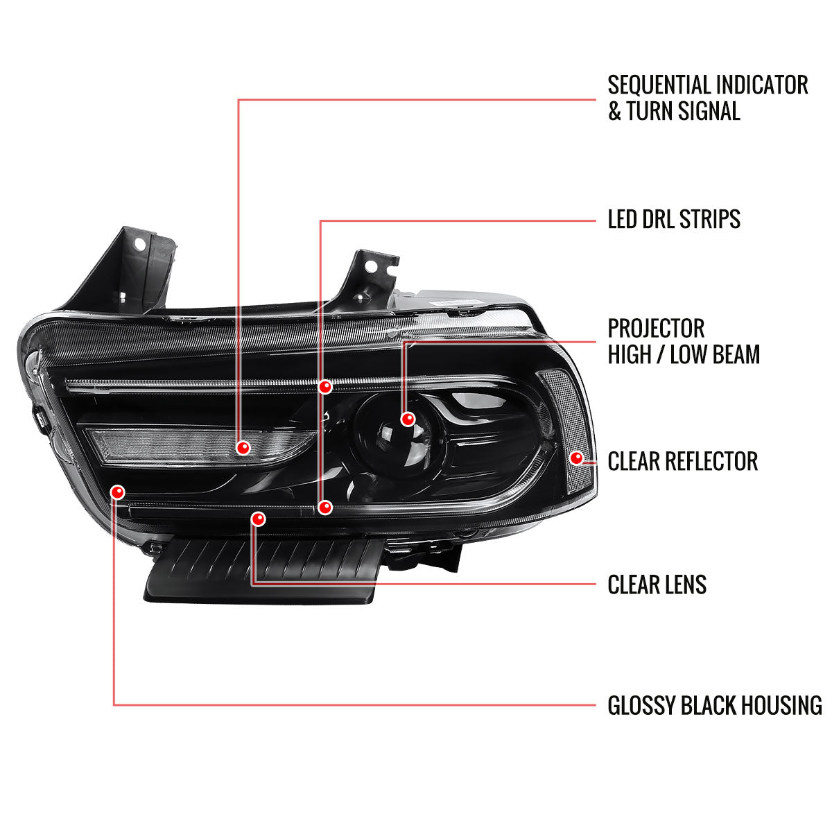 2011-2014 Dodge Charger LD D2H Xenon Projector Headlights w/ LED C Strip & Sequential LED Turn Signal Lights (Black Housing / Clear Lens)
