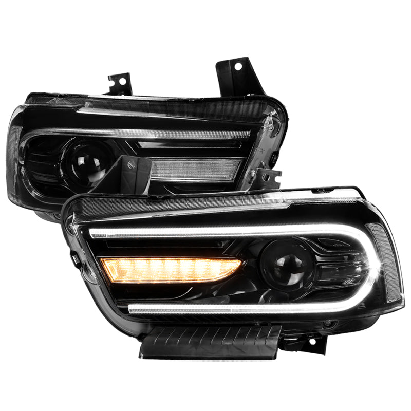 2011-2014 Dodge Charger LD D2H Xenon Projector Headlights w/ LED C Strip & Sequential LED Turn Signal Lights (Black Housing / Clear Lens)