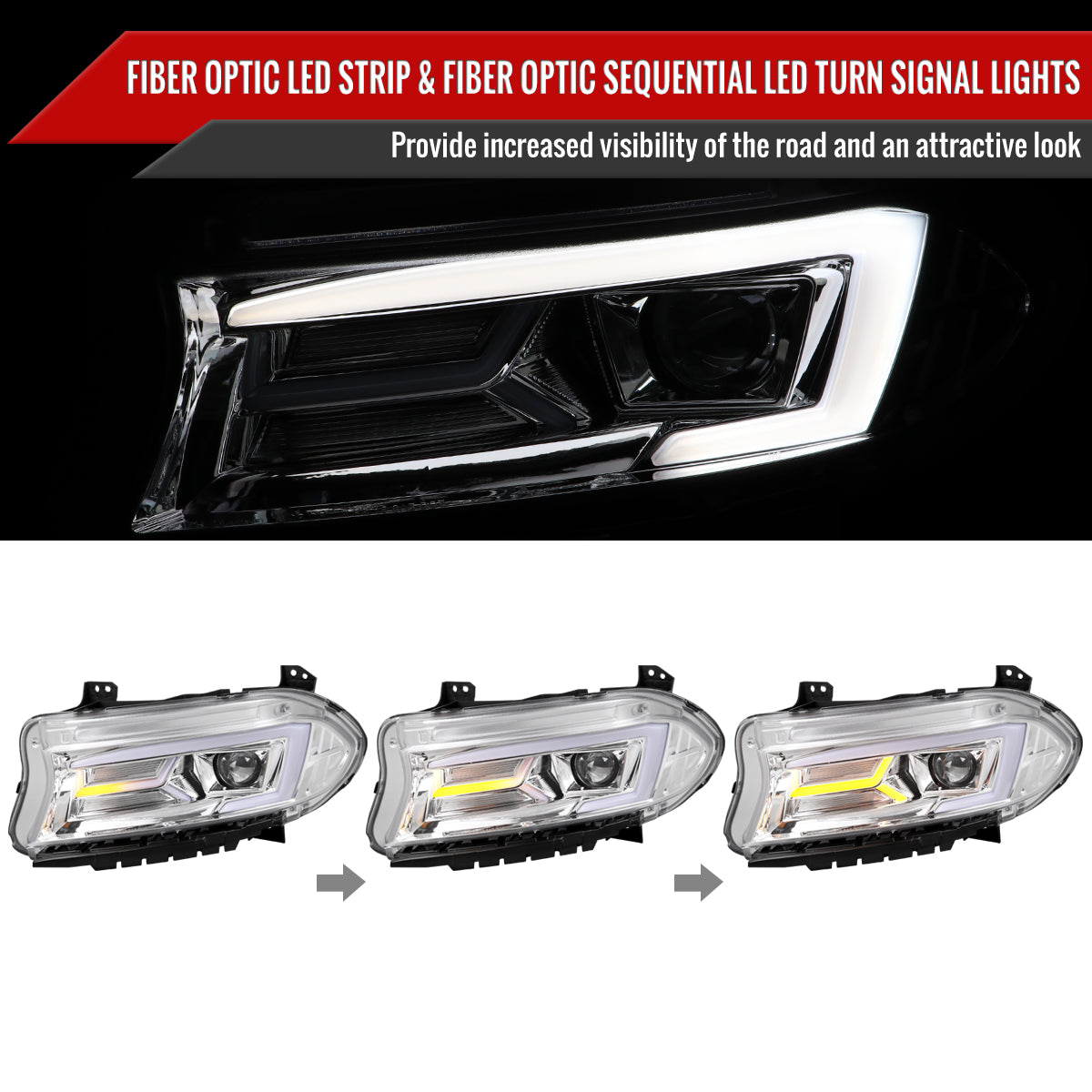 2015-2023 Dodge Charger LD LED Strip Projector Headlights w/ LED Sequential Turn Signal (Chrome Housing / Clear Lens)