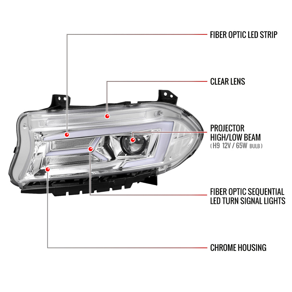 2015-2023 Dodge Charger LD LED Strip Projector Headlights w/ LED Sequential Turn Signal (Chrome Housing / Clear Lens)